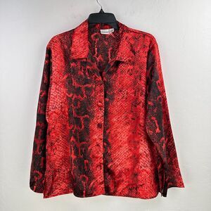 Frederick's‎ Of Hollywood Satin Shirt M Red Black Snakeskin Button Up Side Slit